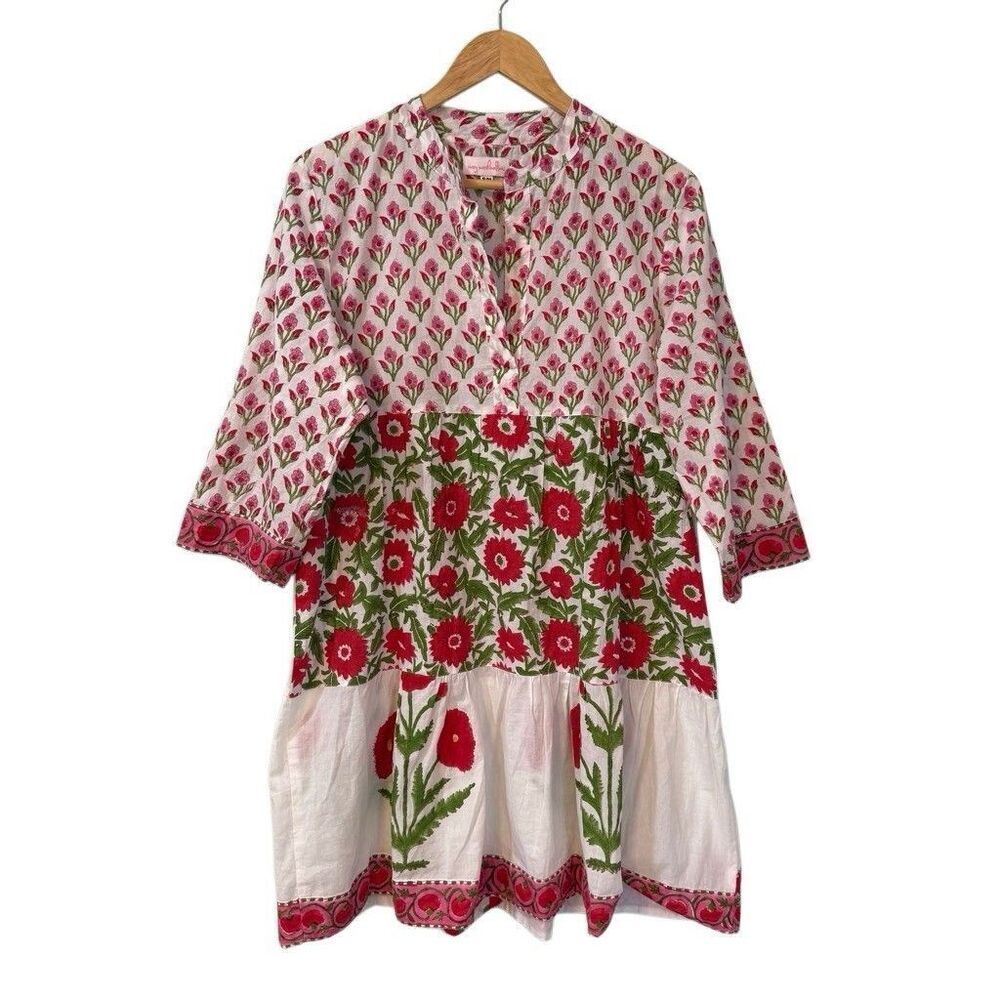 Mary Marshmallow Dress S/M Sleeve 3/4 Pink Floral Beach Boho Vacation ResortWear